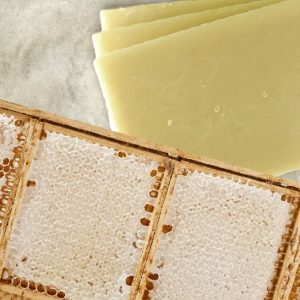 Pieces of natural wax displayed next to honeycomb.